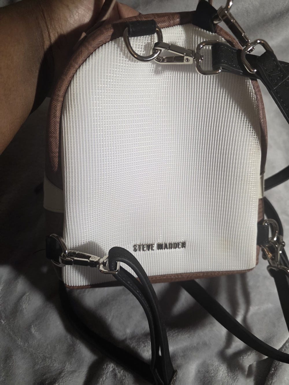 Steve Madden White and Brown Mini Backpack